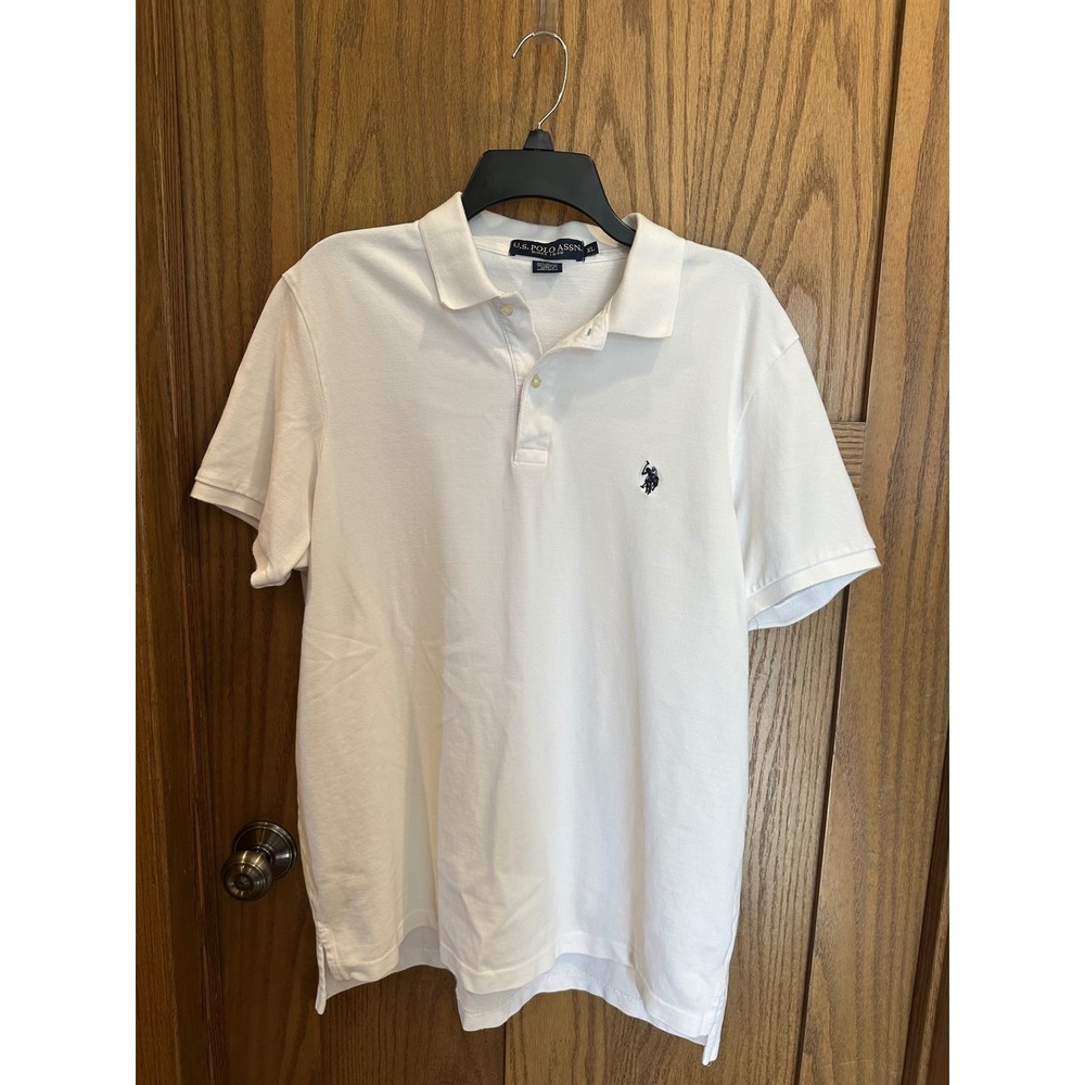 US Polo Assn Mens XL White Short Sleeve Pique Cotton Polo Shirt Navy Logo